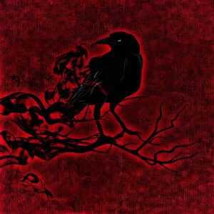 Illustration of a black crow on a branch with a red background